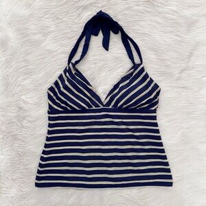 Helen Jon Navy Blue Tan Stripe V-Neck Halter Neck Tankini Swim Top Swimsuit